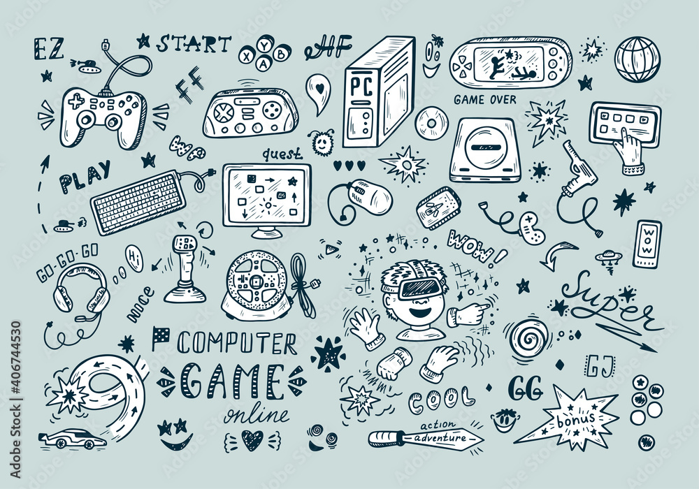 GAMER Doodle Vector Icons. Computer Game Doodle Icons 