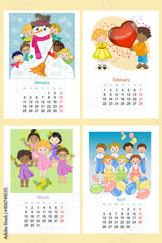 Four months of the 2021 calendar with cute and funny children