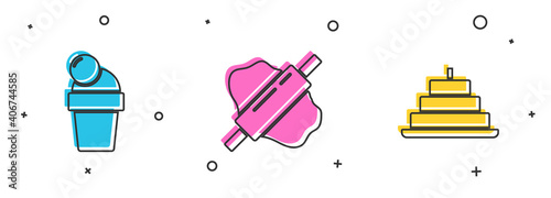 Set Ice cream, Rolling pin on dough and Cake with burning candles icon. Vector.