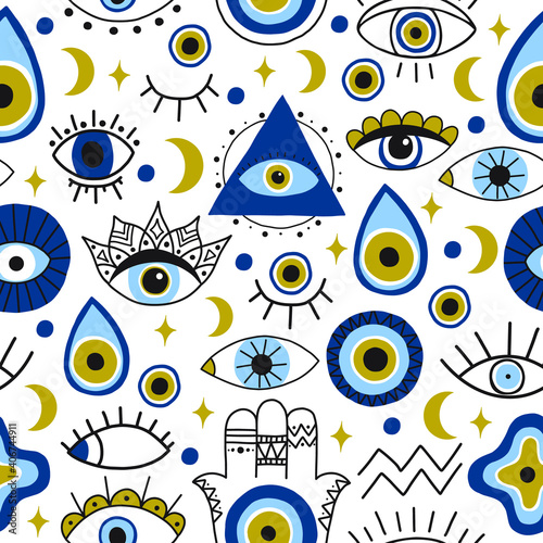 Abstract eyes pattern. Evil hand drawn turkish eyes trendy backdrop. Contemporary magical eye talisman seamless vector pattern. Magical amulets and spiritual symbols with moon and star