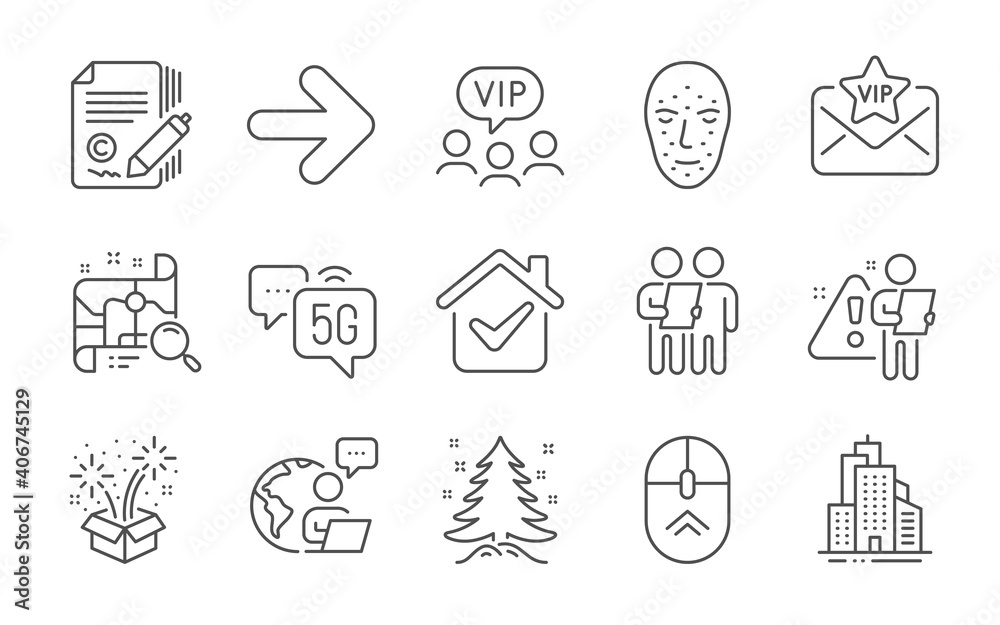 Survey, Face biometrics and Search map line icons set. Copywriting, 5g internet and Vip mail signs. Vip clients, Swipe up and Fireworks symbols. Next, Christmas tree and Skyscraper buildings. Vector