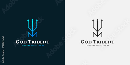 Blue trident logo in line style concept. Initial letter m logo for your business identity