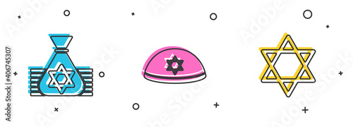 Set Jewish money bag, kippah and Star of David icon. Vector.