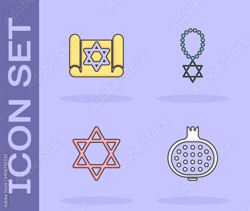 Set Pomegranate, Torah scroll, Star of David and necklace on chain icon. Vector.