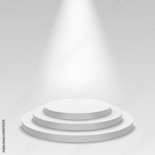 Realistic white podium. Empty stage podium with spotlight, round award ceremony pedestal. Winner 3d podium vector illustration. Platform with steps with illumination for getting prize