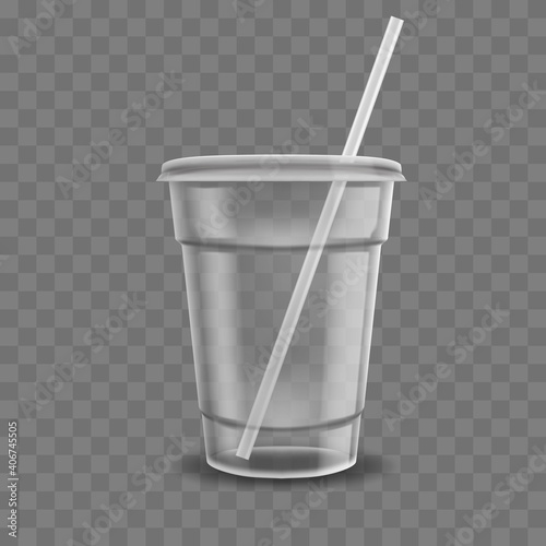 Realistic plastic coffee cup. Clear plastic cup mockup for coffee, iced tea, juice or milkshake. Disposable beverage packaging vector illustration. Empty drink take away container mockup