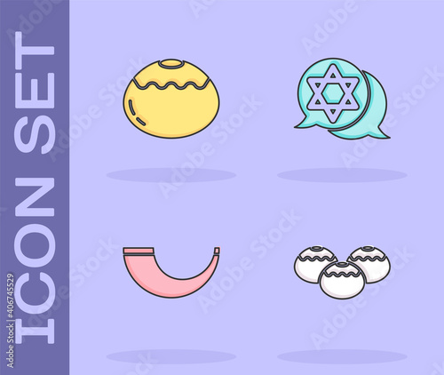 Set Jewish sweet bakery, , Traditional ram horn, shofar and Star David icon. Vector.