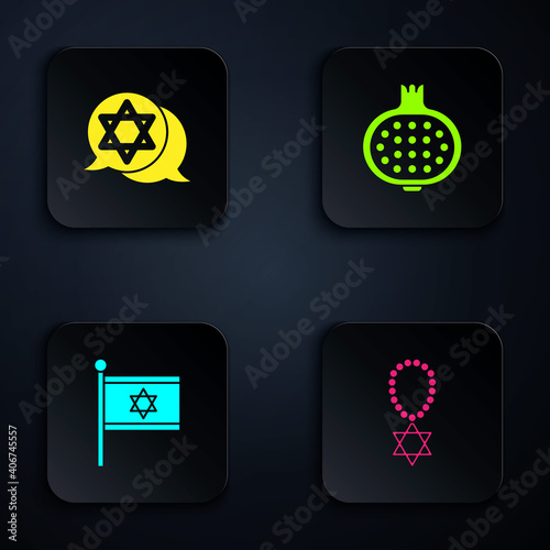 Set Star of David necklace on chain, , Flag Israel and Pomegranate. Black square button. Vector.
