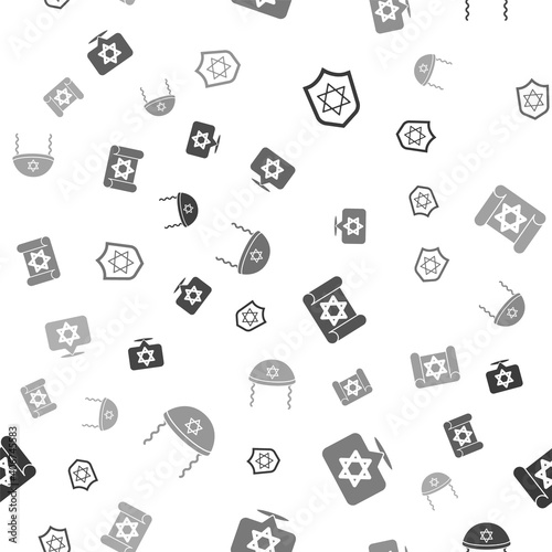 Set Shield with Star of David, , Torah scroll and Jewish kippah on seamless pattern. Vector.