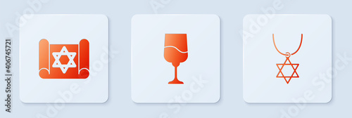 Set Jewish goblet, Torah scroll and Star of David necklace on chain. White square button. Vector.