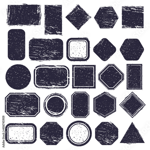 Rubber stamps. Grunge texture labels, retro rubber rectangular and circle frames. Distressed texture stamp vector illustration set. Dark blue rhombus, triangle and hexagon shaped badges