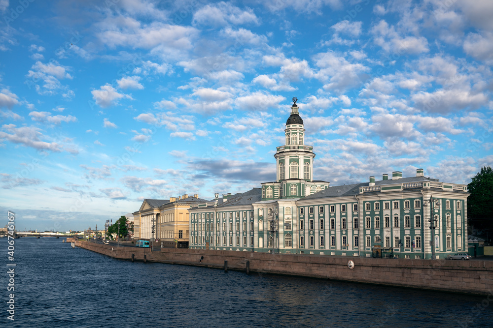 View of the Kunstkamera building on the University embankment of the Neva River in St. Petersburg, Russia. Here is the Museum of Anthropology and Ethnography of Peter the Great. View of the Kunstkamera building on the University embankment of the Neva River in St. Petersburg, Russia. Here is the Museum of Anthropology and Ethnography of Peter the Great.