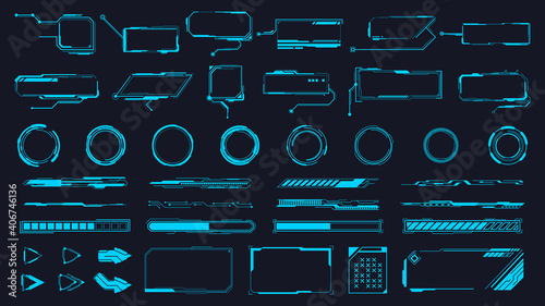 Futuristic interface ui elements. Holographic hud user interface elements, high tech bars and frames. Hud interface icons vector illustration set. Circle and rectangular shape borders