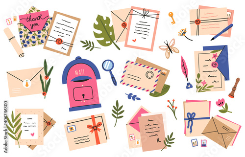 Postal envelopes and cards. Postcards, craft paper letters and cute post stamps, mail sending. Mail envelopes hand drawn vector illustration set. Beautiful cards with stamp, invitation, certificate