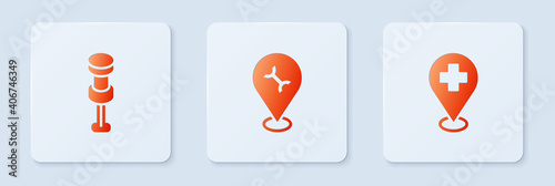 Set Car service, Push pin and Medical location with cross. White square button. Vector.