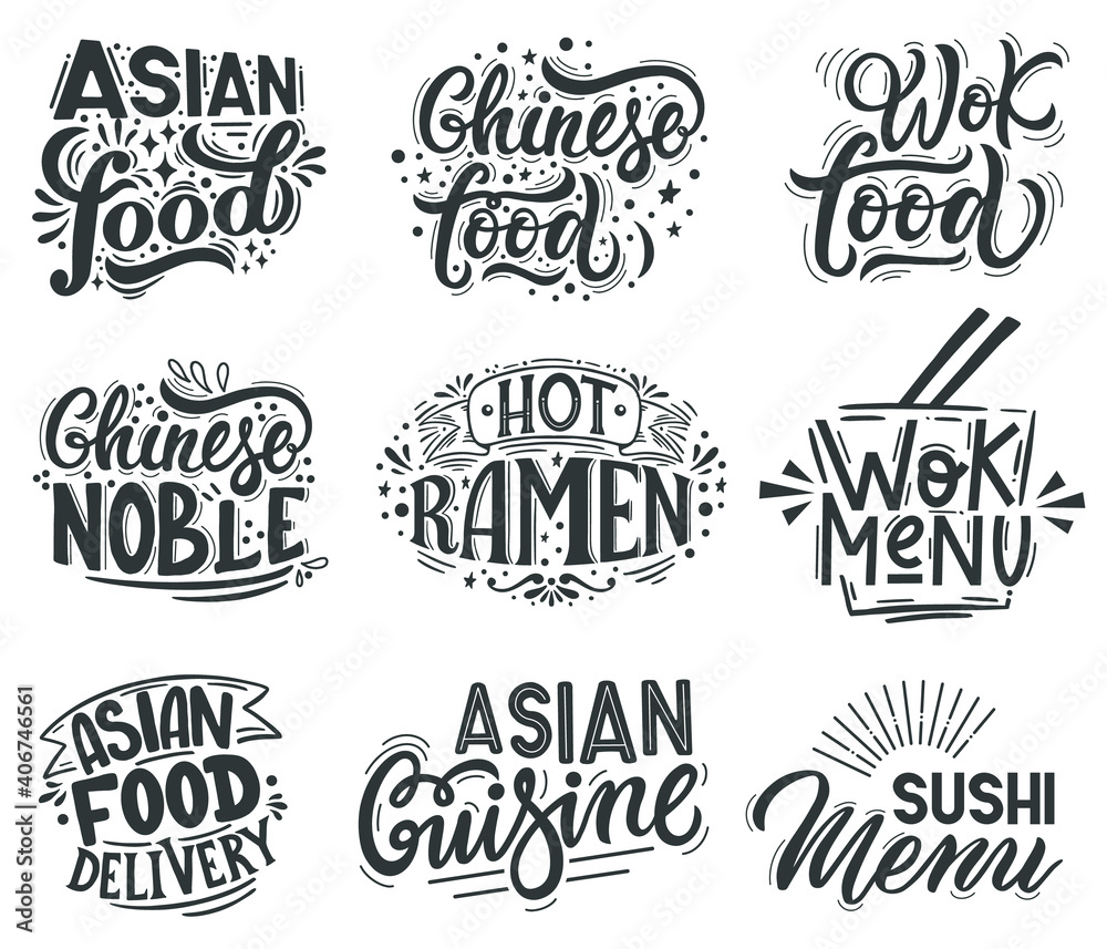 Asian wok. Noodle, ramen and wok cafe menu lettering quotes, asian traditional food labels. Wok asian food vector illustration set. Hot ramen, chinese noble and sushi menu for restaurant