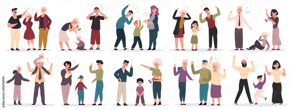 Aggressive parents. Fighting mother and father screaming to children, domestic violence. Family conflicts and aggression vector illustration set. Mom and dad shouting at kids, boy and girl crying