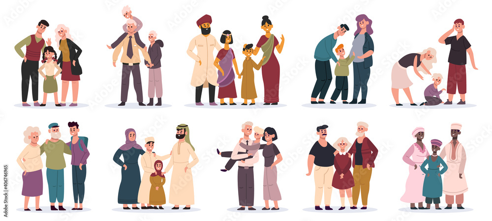 Multiracial families. Happy mothers, fathers and children, smiling family portrait. Cartoon family members vector illustration set. People in traditional clothes of Indian, Arabic, African cultures Multiracial families. Happy mothers, fathers and children, smiling family portrait. Cartoon family members vector illustration set. People in traditional clothes of Indian, Arabic, African cultures