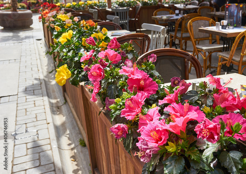 Outdoor street coffee decorated flowers. © Ryzhkov Oleksandr