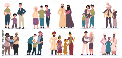 Happy families. Large families together, mom, dad and children, smiling mother, father and kids vector illustrations. Cartoon multiracial families. Parents and kids from different countries