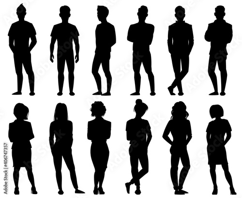 People silhouettes. Male and female anonymous person silhouettes. Adult people group outline symbols isolated vector illustration set. Figures of young and adult characters in rows