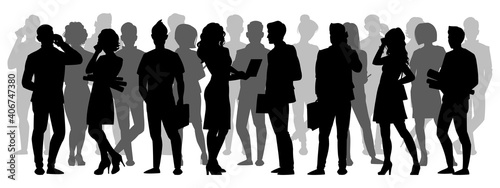 Crowd silhouette. People group shadow silhouettes, adult male and female anonymous characters. Business people silhouettes vector illustration set. Woman holding laptop, man talking on mobile phone