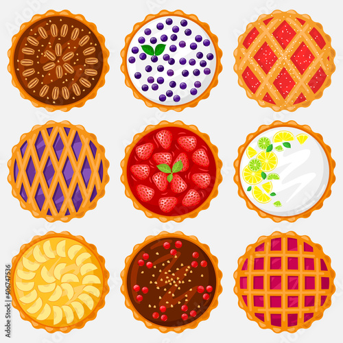 Pies top view. Baking food, delicious apple, blueberry, pecan and tasty cherry pie. Sweet pastry view from above vector illustration set. Homemade tart for dessert with lemon and lime