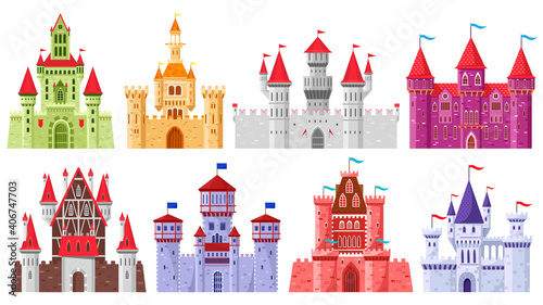 Fairytale medieval towers. Cartoon royal kingdom towers, old ancient magic castles vector illustration set. Medieval architecture stone castle. Mysterious colorful fortress for king and queen