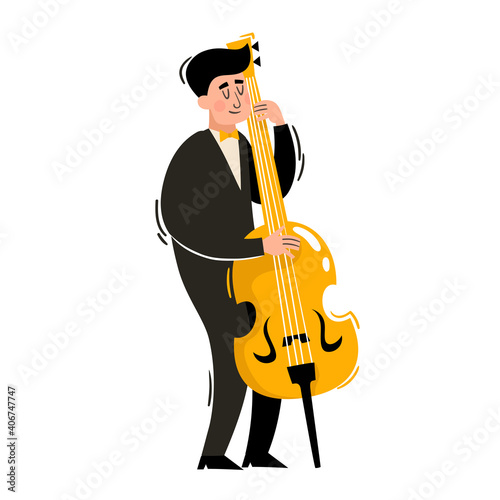 Vector european musician in black holding contrabass isolated on white.