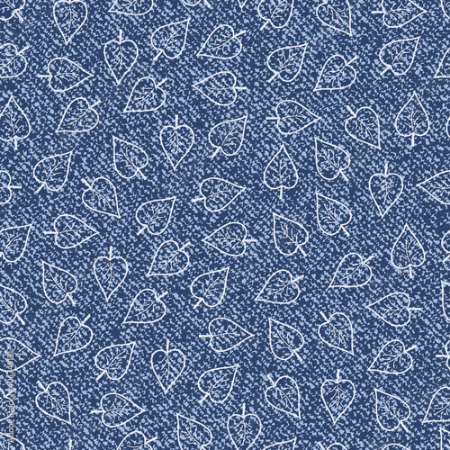 Vector Jeans background with leaves. Denim seamless pattern. Blue jeans cloth

