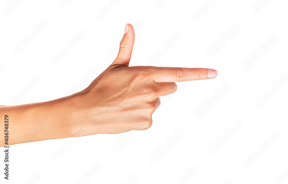 Female hand points a finger isolated on white background. Female hand points a finger isolated on white background.