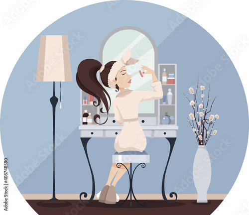 Woman sitting at the dressing table and using makeup. Vector illustration in flat cartoon style.