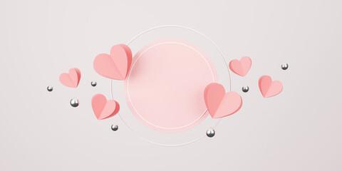 happy valentine's day concept. minimal scene with geometric forms. cylinder podium display or showcase mockup for product in pink background with paper heart and silver ball 3D illustration