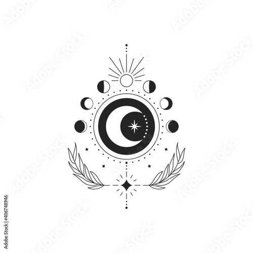 Abstract esoteric line drawing. Boho moon phases mystical magic celestial tattoo, minimal logo design. Vector illustration photo