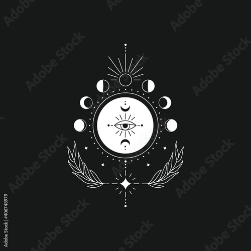 Abstract esoteric line drawing. Boho moon phases mystical magic eye, celestial tattoo, minimal logo. Vector illustration