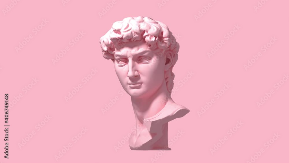 3d glitch of David head on pink background. 3D animation. 4K. Ultra high definition. 3840x2160.
