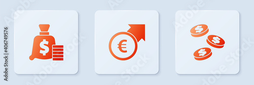 Set Financial growth and euro, Money bag and Coin money with dollar. White square button. Vector.
