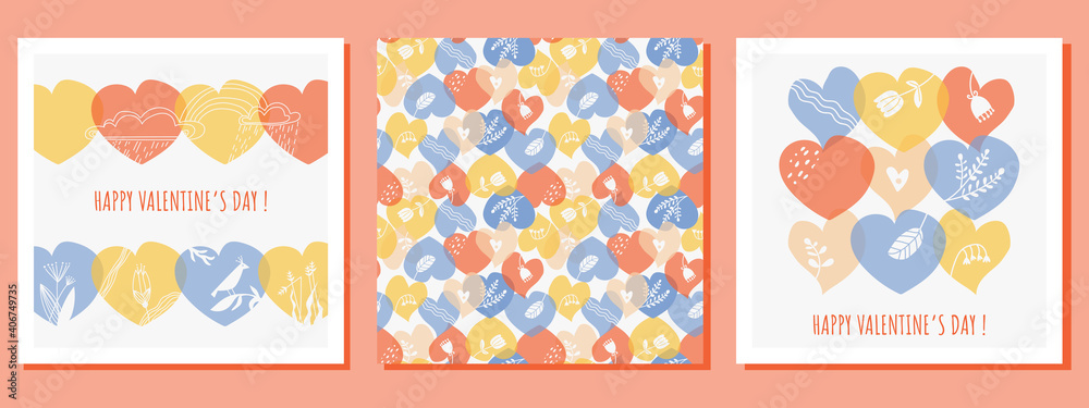 Set of romantic greeting card. Different colors heart, seamless heart pattern. Vector illustration for Valentine's Day.