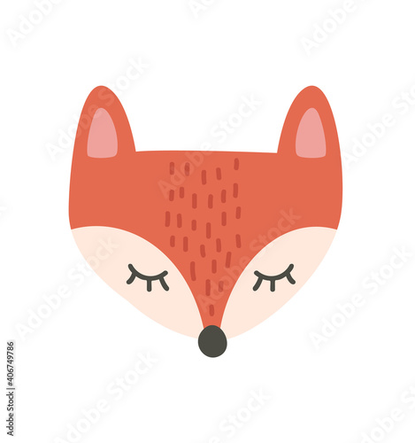 Cute fox cartoon scandinavian vector illustration, cartoon animal portrait with sleepy fox face nordic