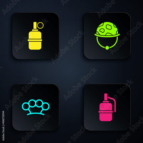 Set Hand grenade, , Brass knuckles and Military helmet. Black square button. Vector.