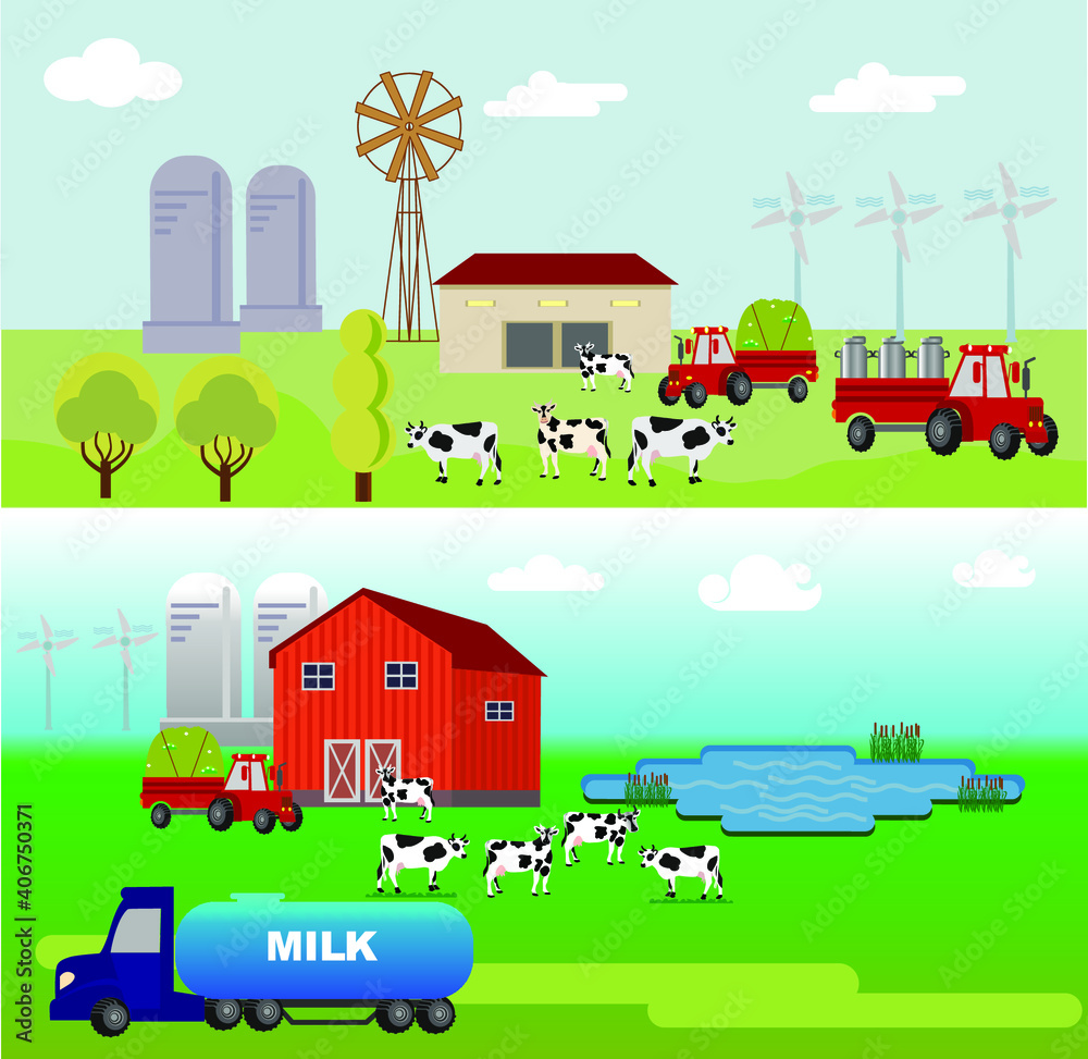 Set of the farming agriculture concept flat vector illustration. Agriculture and Farming. Agribusiness. Rural landscape.