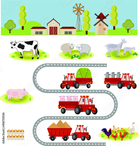 Set of the farming agriculture concept flat vector illustration. Agriculture and Farming. Agribusiness. Rural landscape.