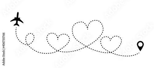 Love line airplane dotted route. Romantic heart dashed trace path, air plane flight start point. Vector illustration