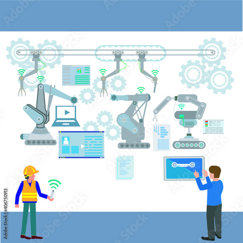 Automation industrial with smart technology to set the production and transportation internet of things concepts and tablet with human machine interface.