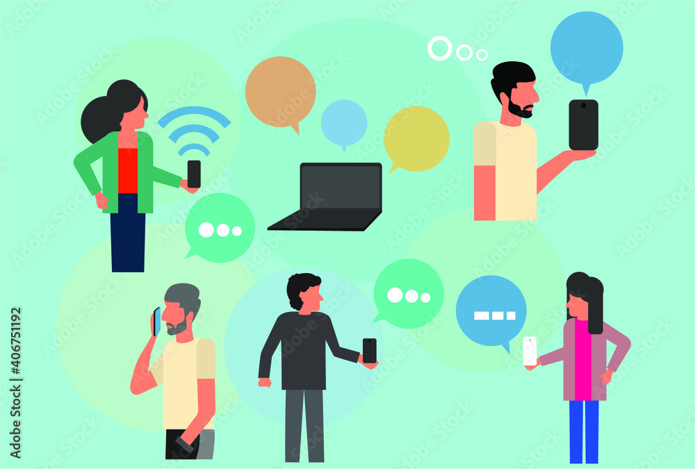 Social network web site surfing concept illustration of young people using mobile gadgets such as smartphone, tablet and laptop to be a part of online community. Flat guys and women sitting Social network web site surfing concept illustration of young people using mobile gadgets such as smartphone, tablet and laptop to be a part of online community. Flat guys and women sitting