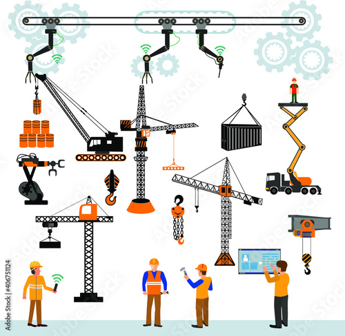 Set of various cranes doing heavy lifting. Tower and harbor lifters. Flat style vector icons.