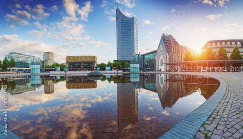 Print op canvas City of Leipzig - Germany. A panorama at sunset.