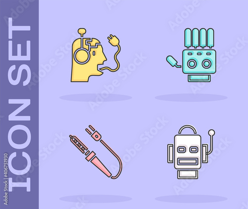 Set Robot, charging battery, Soldering iron and Mechanical robot hand icon. Vector.