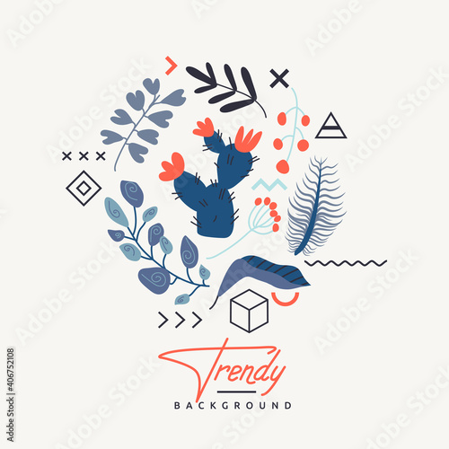 Floral composition in a cactus in the center decorated with leaves, flowers, and geometric floating elements. Concept of a trendy greeting card or postcard. Vector cartoon colored flat illustration.