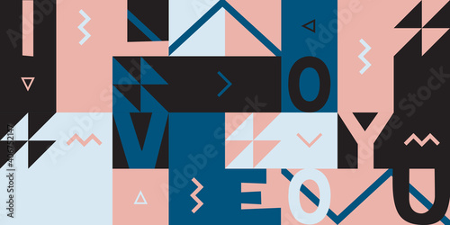 Trendy vector geometric illustration. Background or pattern painted in cubic forms and decorated with lines and different colors. Love wave, light pink, desaturated blue and black colors.